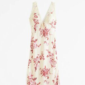 Abercrombie Women's Lace Trim Midi Slip Dress Cream Floral Size M BNWT